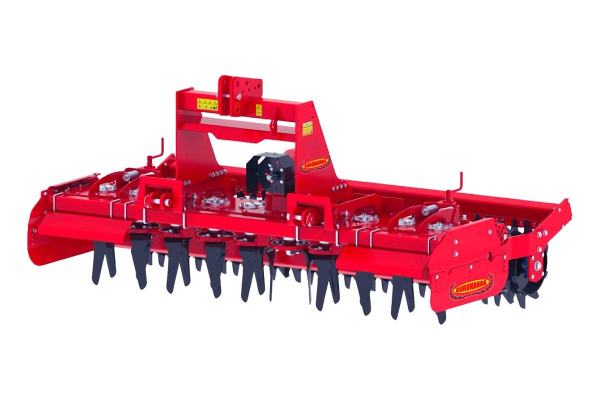 Red Gurunanak power harrow with vertical tines and a three-point hitch frame